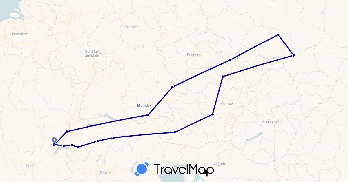 TravelMap itinerary: driving in Austria, Switzerland, Czech Republic, Germany, France, Poland (Europe)
